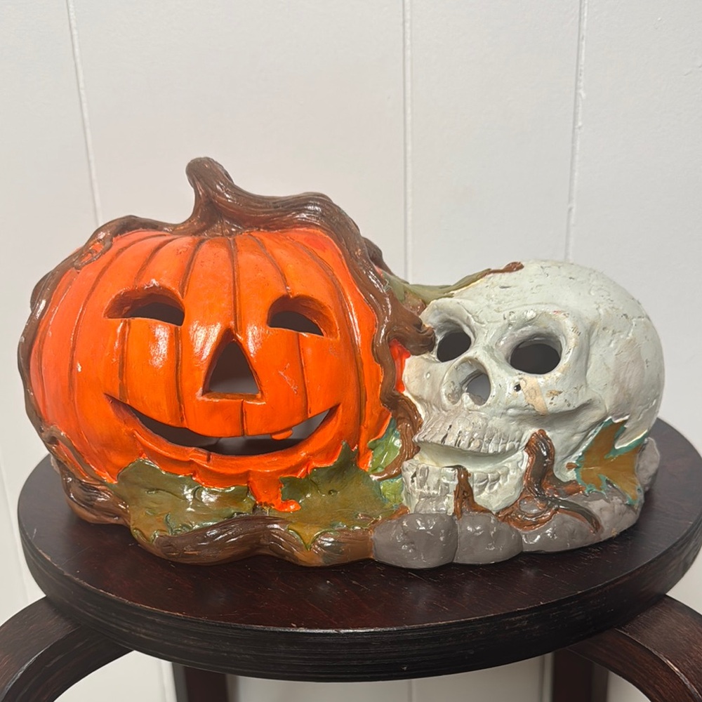 Vintage ceramic pumpkin & skull Halloween decor